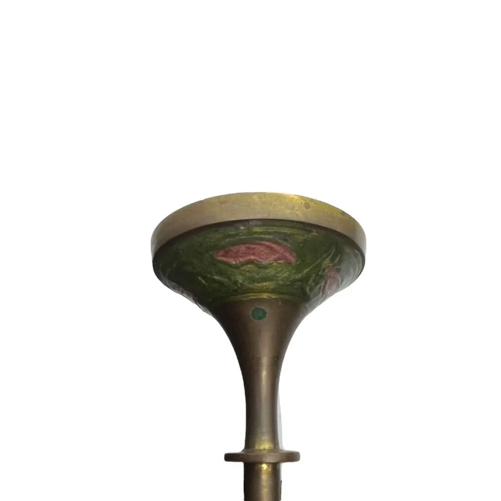 Brass Enamel Vase Footed Fluted Top Green Pink Cream Vintage MCM Retro Decor - Picture 14 of 16